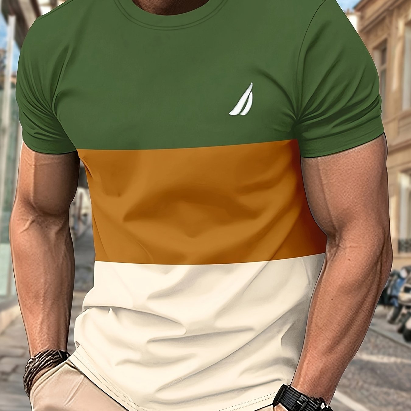 Men's Round Neck T-Shirt, Three-Color Patchwork Top with Asymmetric Double Stripes, Trendy Comfortable Breathable High-Quality Factory-Made Casual Fit