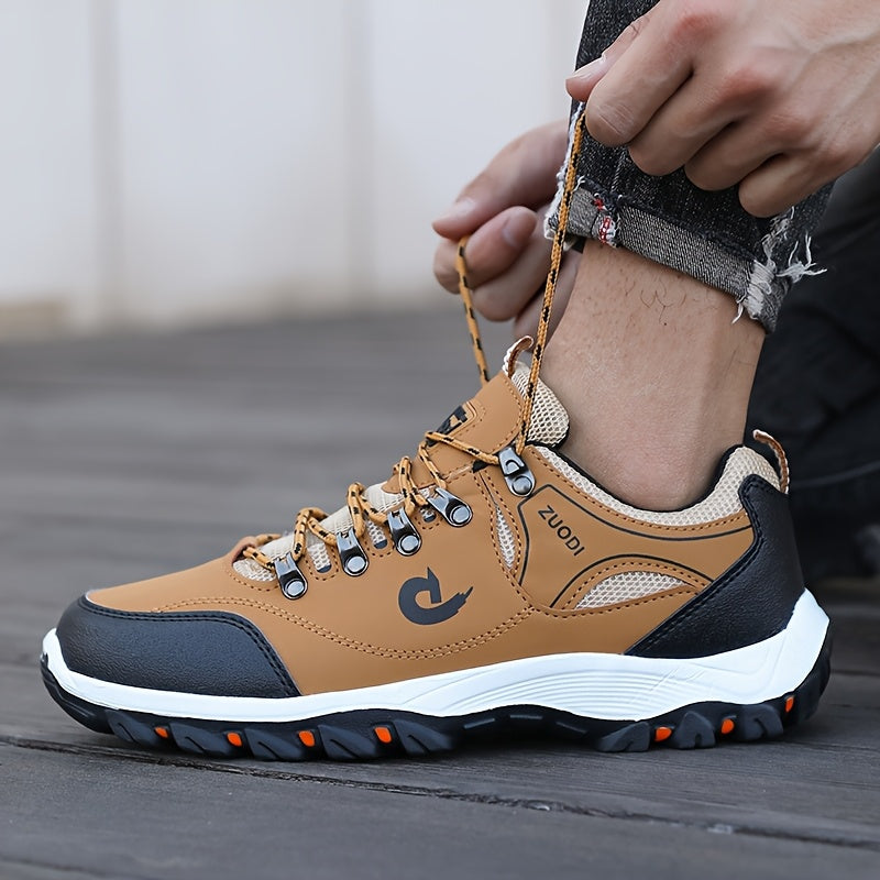 Men's Low-Top Lace-Up Outdoor Hiking Shoes, Durable Non-Slip Rubber Sole All-Season Sports Footwear with Plain Toe, PU Upper, Fabric Inner & Insole for Camping, Climbing - Black with Orange Accents, Allseason Sports Shoes | C