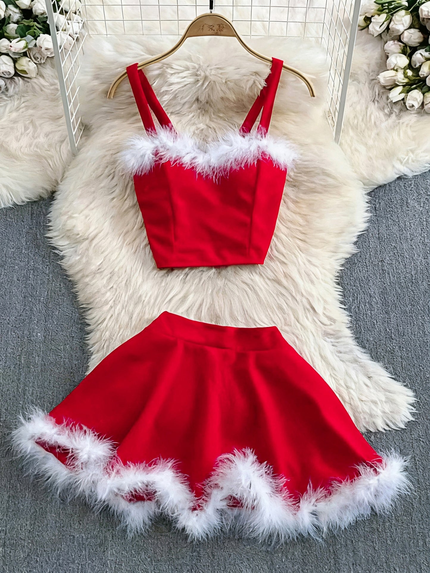 2025 New Christmas Party Event Gathering Date Plush Trim Sweet Sexy Women's Skirt Set