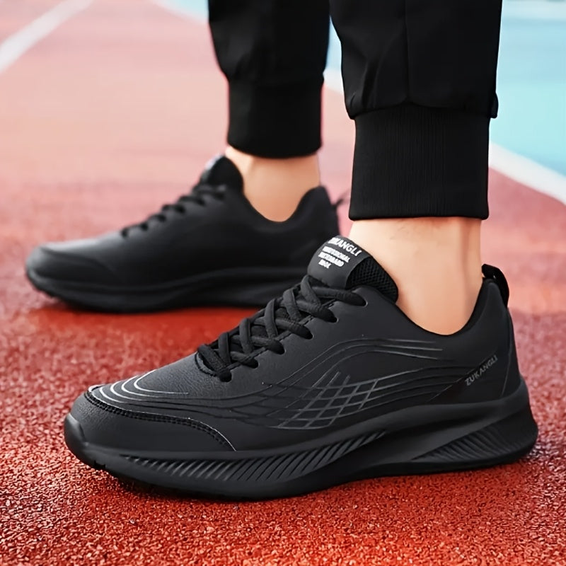 Men's Breathable Lightweight Running Shoes with Air Cushion Technology - Black Low-Top Sneakers for Walking, Jogging, Training Casual Wear, PU Upper MD Sole, All-Season Comfort, Sleek Sporty Design, Cushioned Support