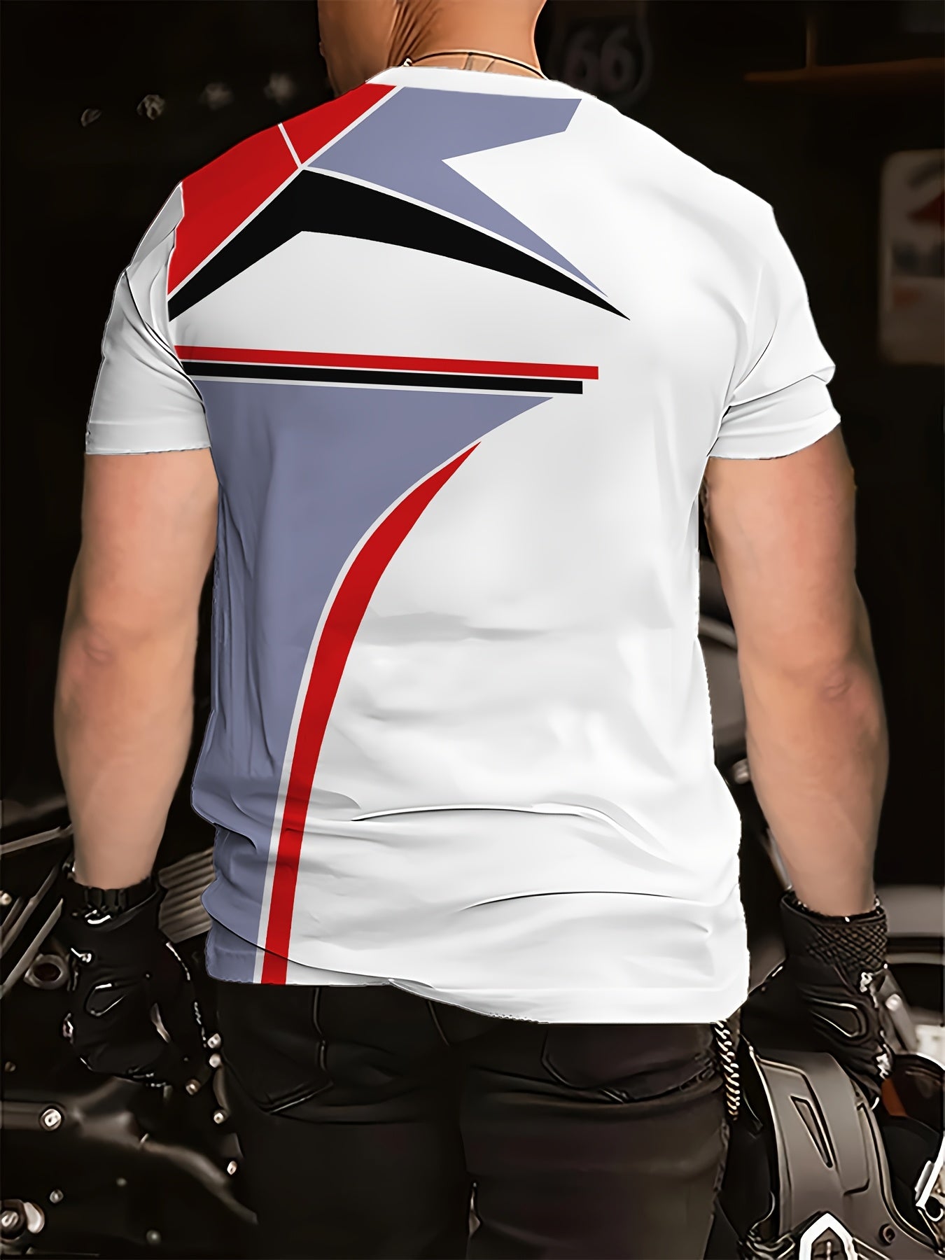 Men's Black 3D Geometric Print T-Shirt – Casual Short Sleeve Summer Tee with Red Gray Accents, Round Neck, Machine Washable for Outdoor Sports, Everyday Comfort, Durable Fabric