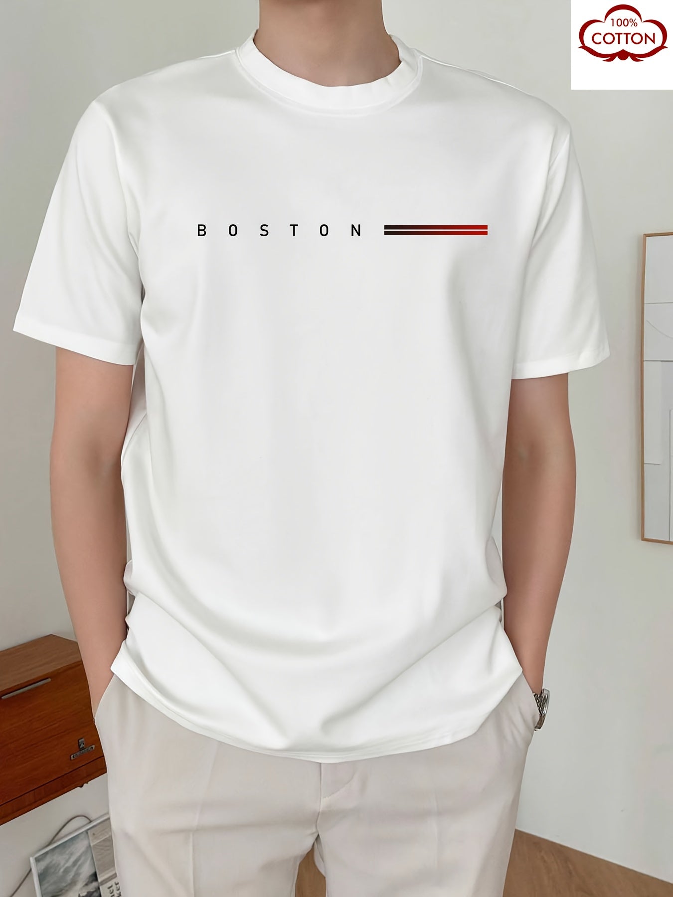 Men's Heavyweight 180gsm Cotton T-Shirt - Dark Gray Crew Neck Tee with Bold "Boston" Print, All-Season Everyday Formal Shirt for Men - Machine Washable Luxury Casual Top, Versatile Clothing, Modern Design, Premium Fabric, S