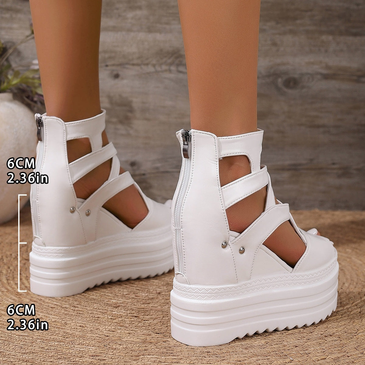 Women's White Faux Cover Wedge Sandals - 12cm Extra High Heel, Peep Toe with Cut-Out Design, Glossy Finish, Back Zipper Closure for Casual Stylish Wear, Ladies Shoes And Sandals