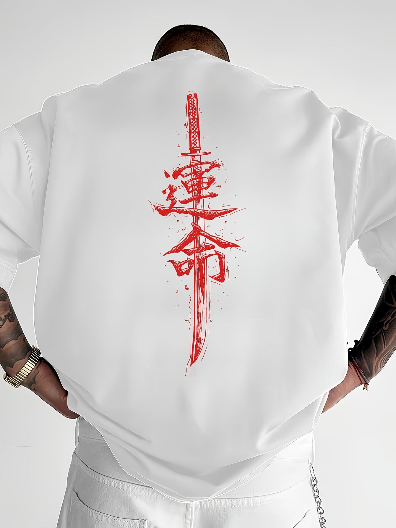 Men'S Japanese Samurai Sword Graphic T-Shirt - Casual Loose Fit Crew Neck, Short Sleeve Tee with Red Stylized Japanese Katanas Design, Breathable Polyester for Spring Summer Outdoor Wear