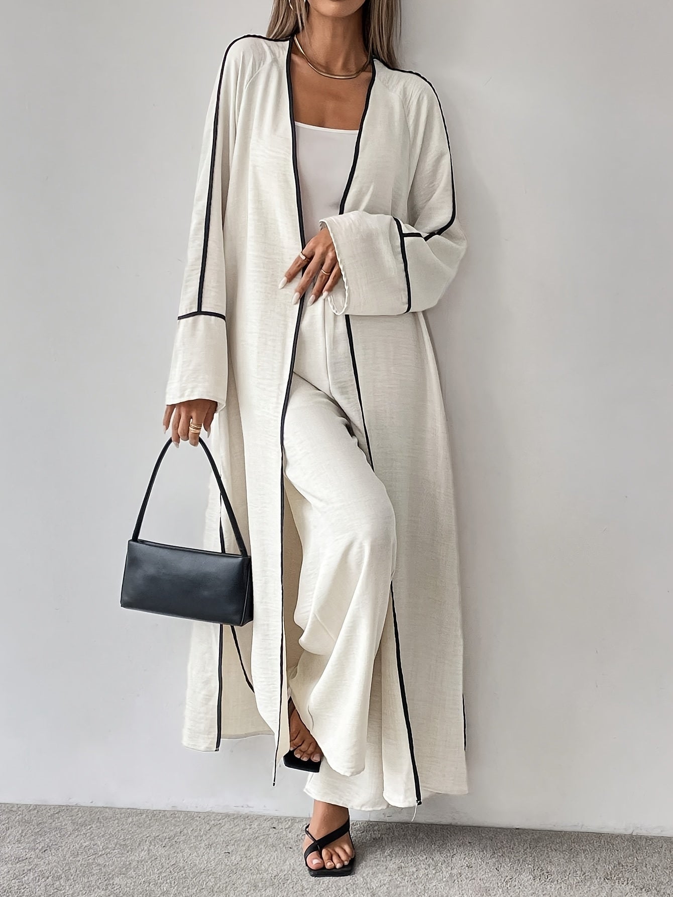 Women'S Elegant Fashion Work Casual Two-Piece Set - Long Sleeve Cardigan with Color Block Detail and Wide-Leg Pants, Loose Fit, All-Season Wear, Stylish Work Attire|Casual Style|Color Block Detail