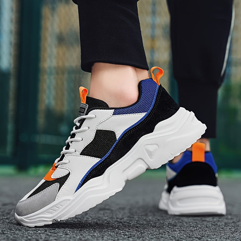 Men'S Athletic Sneakers, Thick Sole Lace-Up Dad Shoes, Multicolor Block Splicing Style Casual Footwear, Suitable for Outdoor Activities