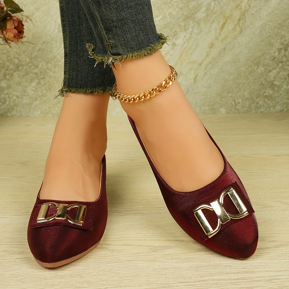 Women's Elegant Red Slip-On Flats with Golden Double Buckle Design - Comfortable Faux Cover Shoes for All Seasons, Pointed Toe Rubber Sole, Perfect for Casual or Dressy Occasions, Dressy Flats Buckle Embellished Shoes Lux