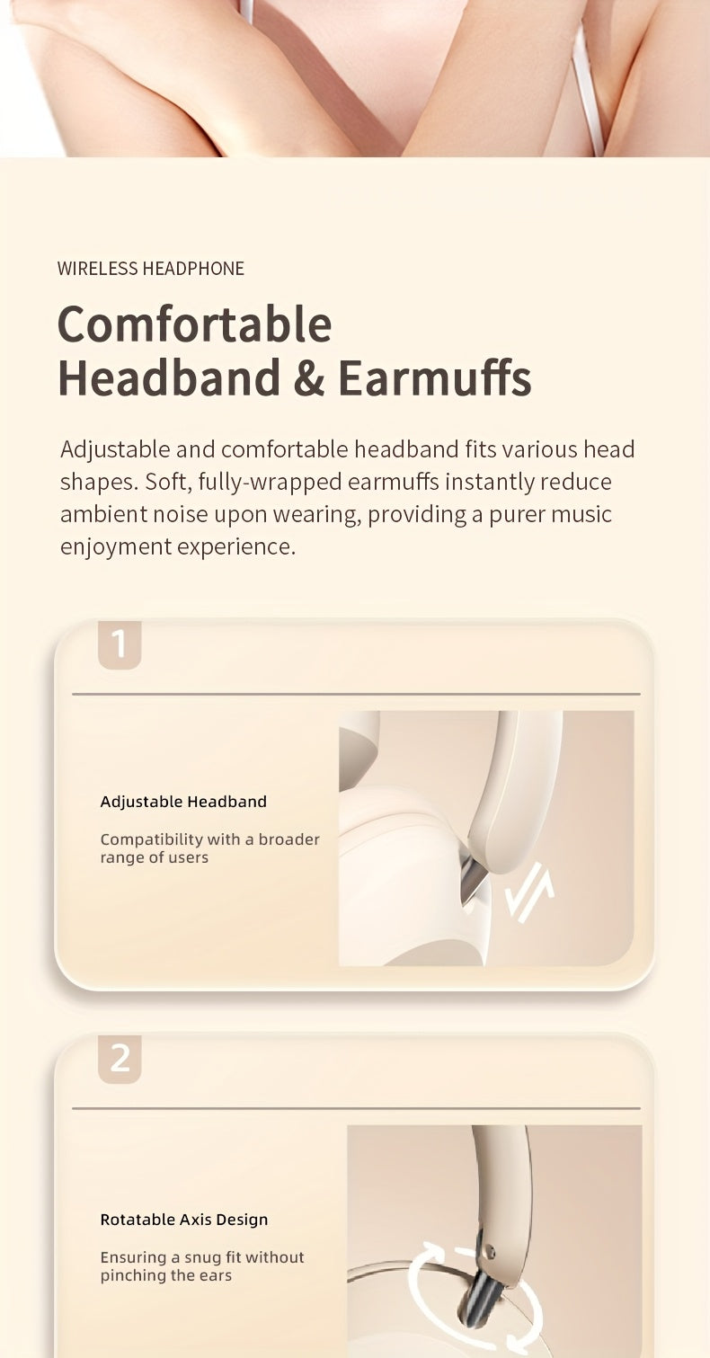 Wireless Headset with Pressure Relief Design, Bass Boost Built-in Microphone, Telescopic and Rotatable Flat Design, Auxiliary TF Mode for Gaming and Sports Use, Wireless Sports Earbuds, Office and Travel Compatible, Powerful