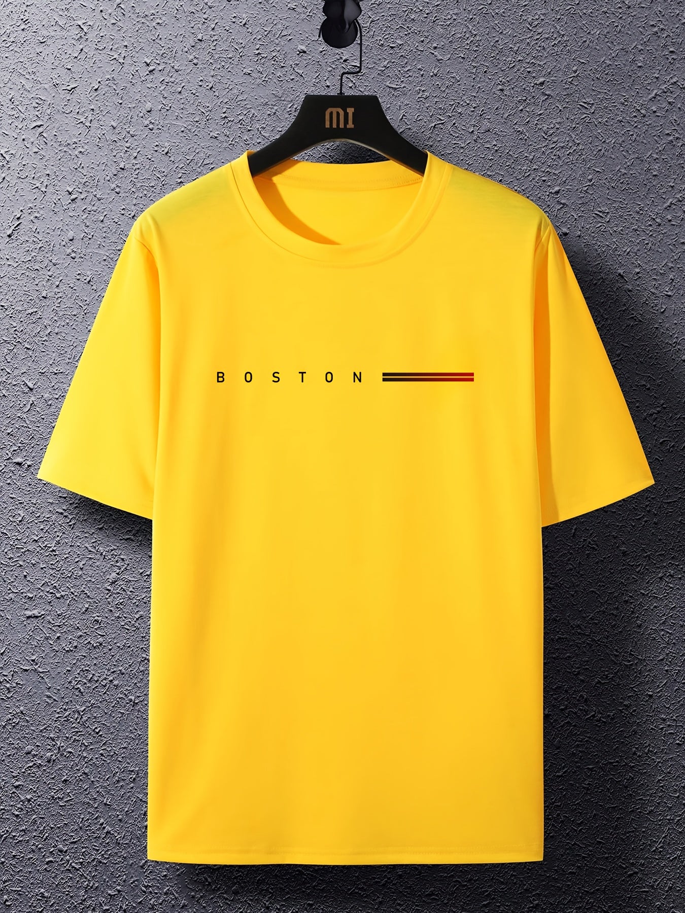 Men's Heavyweight 180gsm Cotton T-Shirt - Dark Gray Crew Neck Tee with Bold "Boston" Print, All-Season Everyday Formal Shirt for Men - Machine Washable Luxury Casual Top, Versatile Clothing, Modern Design, Premium Fabric, S