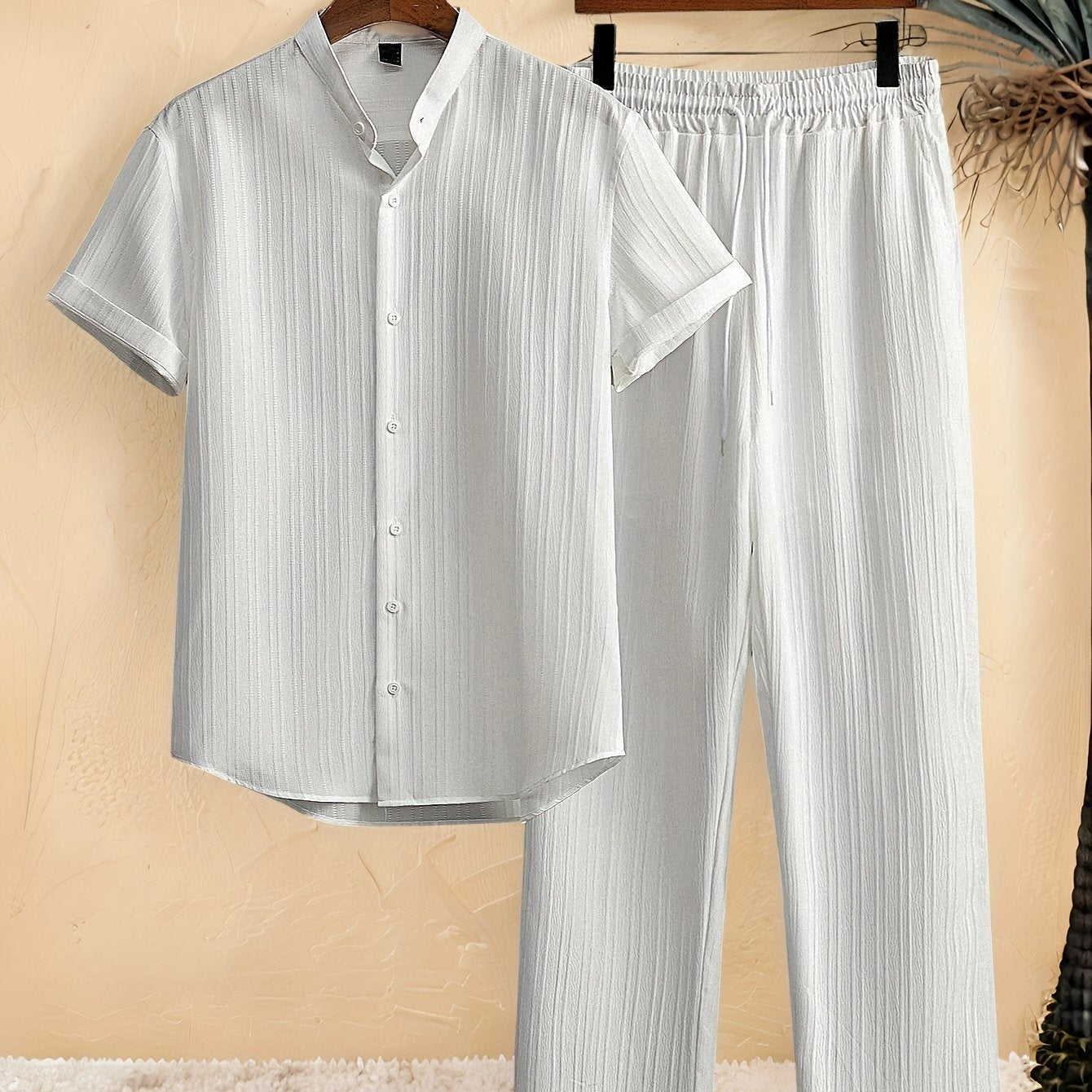 Casual 2pcs Set: Short Sleeve Stand Collar Shirt + Tie Straight Leg Pants, Suitable for Vacation Beach Outdoor Leisure Party