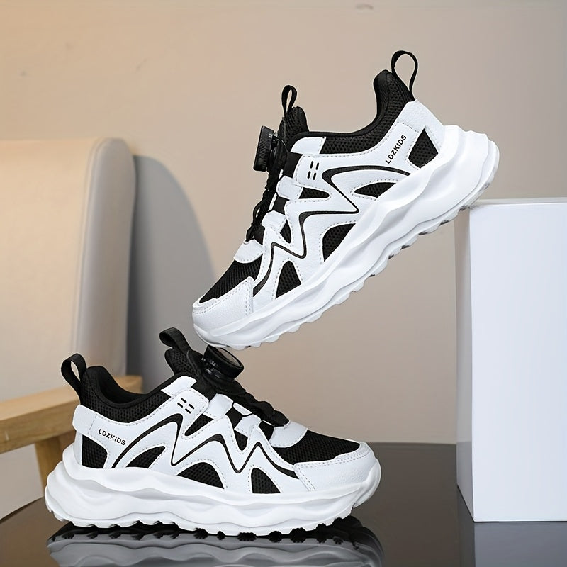 Youngsters' Breathable Athletic Sneakers with Rotating Buckle Closure - White & Navy Blue Striped Design, EVA Cushioned Sole, Low-Top Casual Shoes for Boys & Girls, All-Season Comfort, Youngsters Sneakers, Youngsters'S Footwe