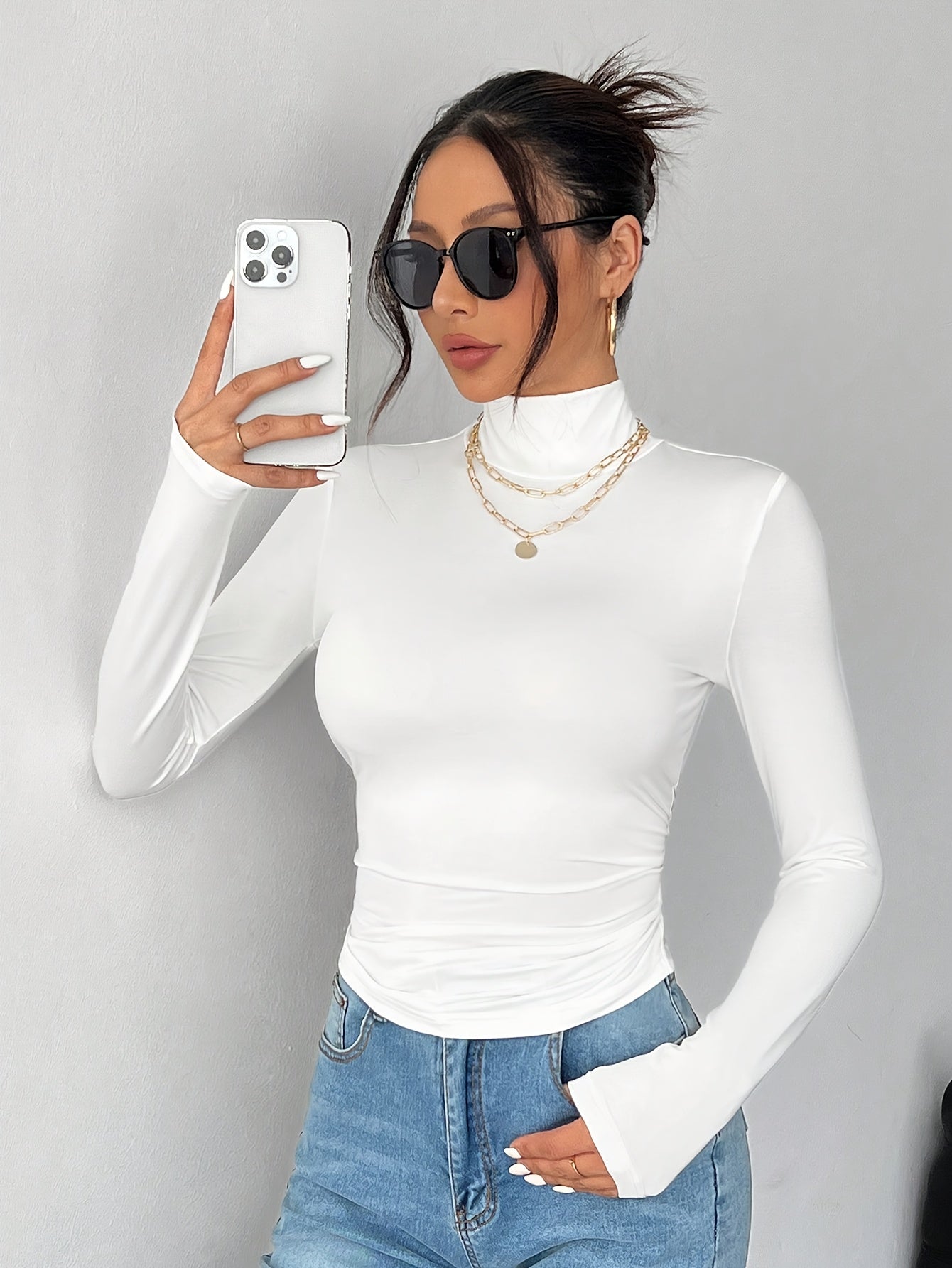 Women'S Elegant High Neck Long Sleeve T-Shirt - Soft Stretchy Solid Color Top for Spring Summer Fall, Versatile Casual & Formal Wear, Machine Washable, Seasonal Fashion, Sophisticated Style, Comfortable Fit, Stylish Blouse, F