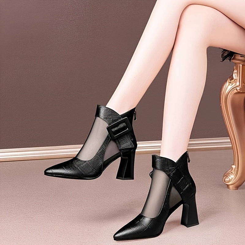 Women'S Pointed Toe Chunky Heel Pumps - Breathable Mesh Back Zipper Closure, Synthetic Cover Upper Rubber Sole, Black Summer Casual Formal Dress Shoes for Office, Weddings, Parties, High Heel Boots, Wedding Guest Shoes, Cri