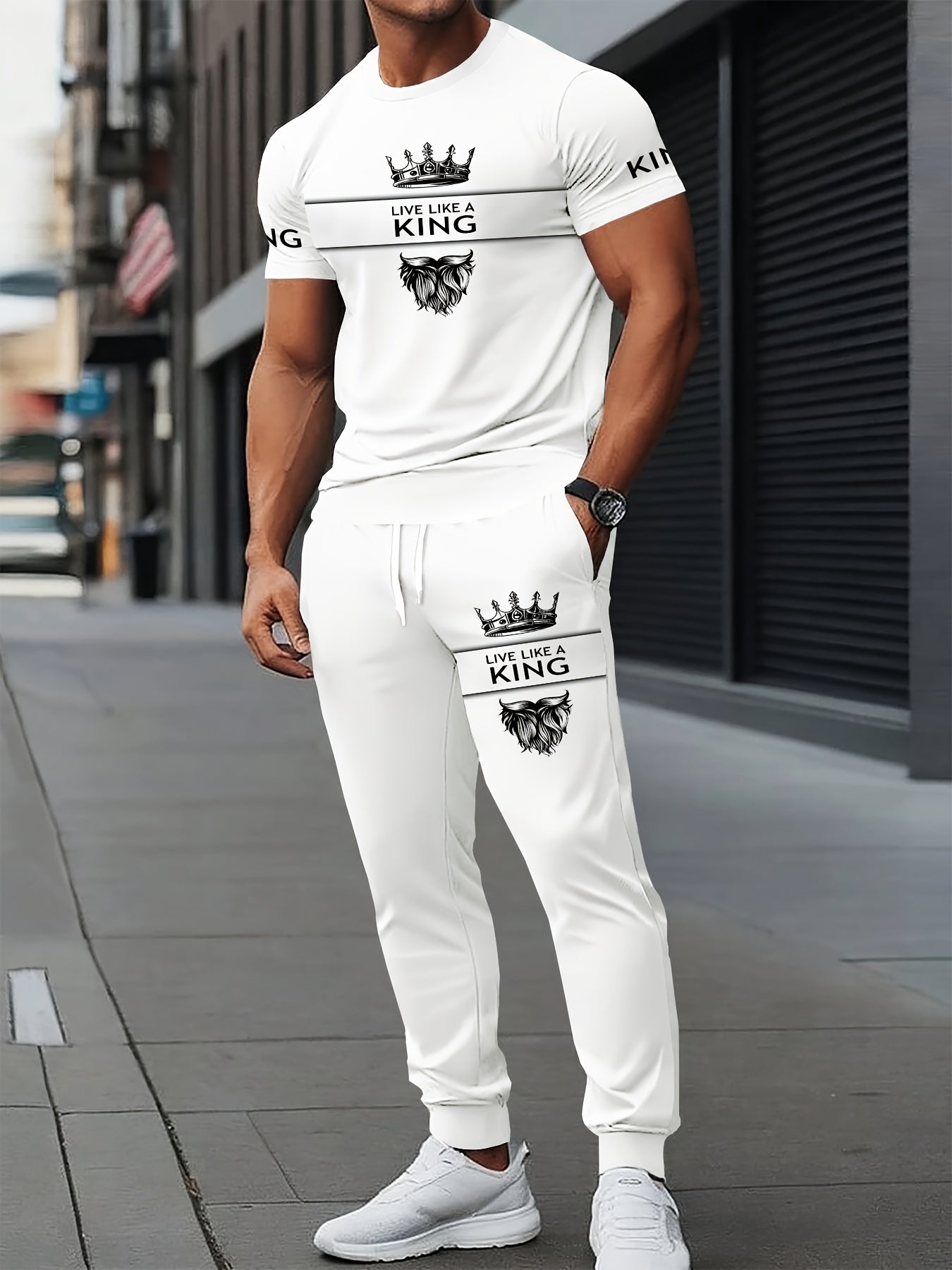 Men's 3D printed sportswear set - Round-neck short-sleeved T-shirt and trousers, striped pattern, regular fit, knitted polyester, slightly elastic