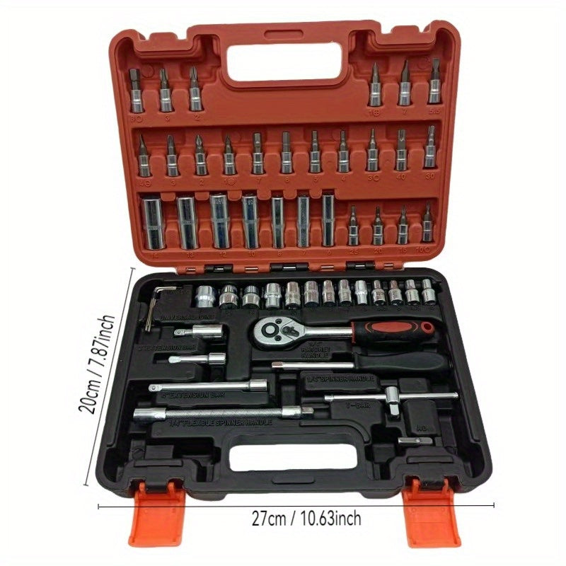 53/50pcs Chrome Vanadium Impact Socket Set, 3/8 Inch Drive, 6-Point Design, Includes SAE Sizes from 5/16 to 3/4 Inch and Metric Sizes from 8 to 22mm, with Ratchet Handle, Extension Bar, Adapter, and Glove