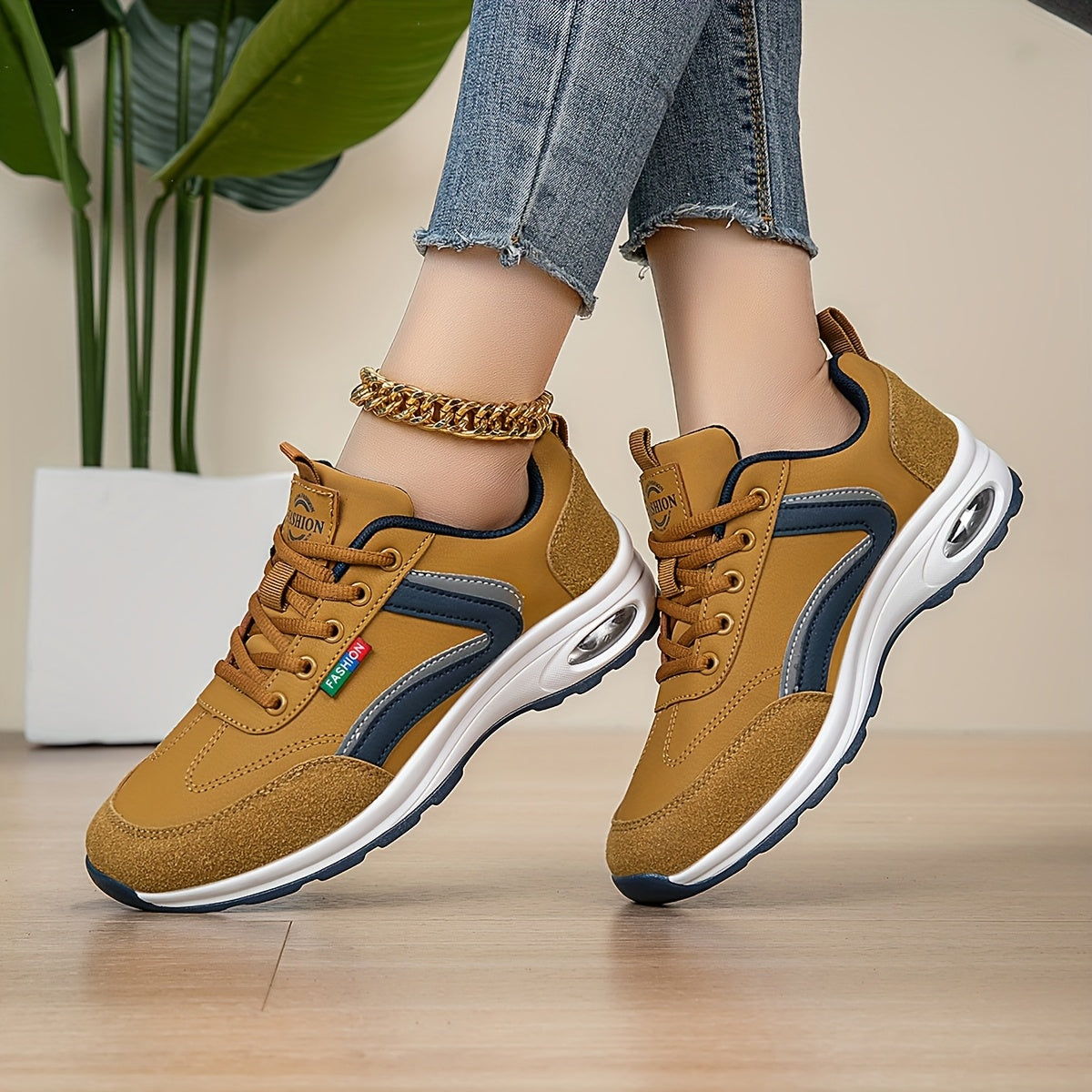 AOPLUS Women's Fashion Sneakers - Lightweight, Comfortable, and Breathable Low-Top Sneakers with Air Cushion Support, White Blue Design, PU Cover Upper, Fabric Lining, All-Season Wear