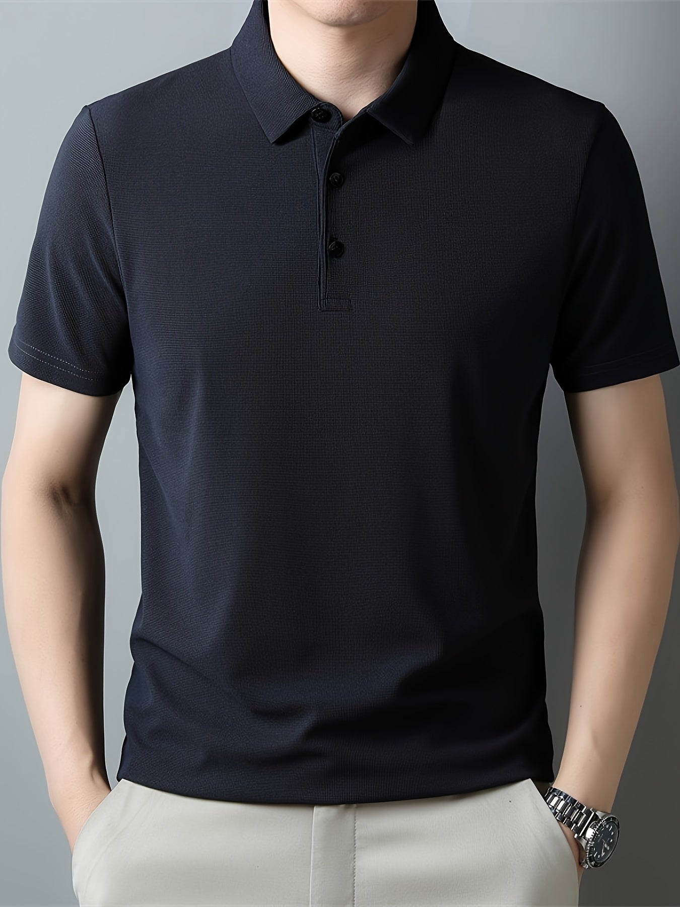Men's Solid Short Sleeve And Lapel Collar Henley Shirt, Casual And Comfy Sports Tops For Summer Golf Wear And Outdoors Activities