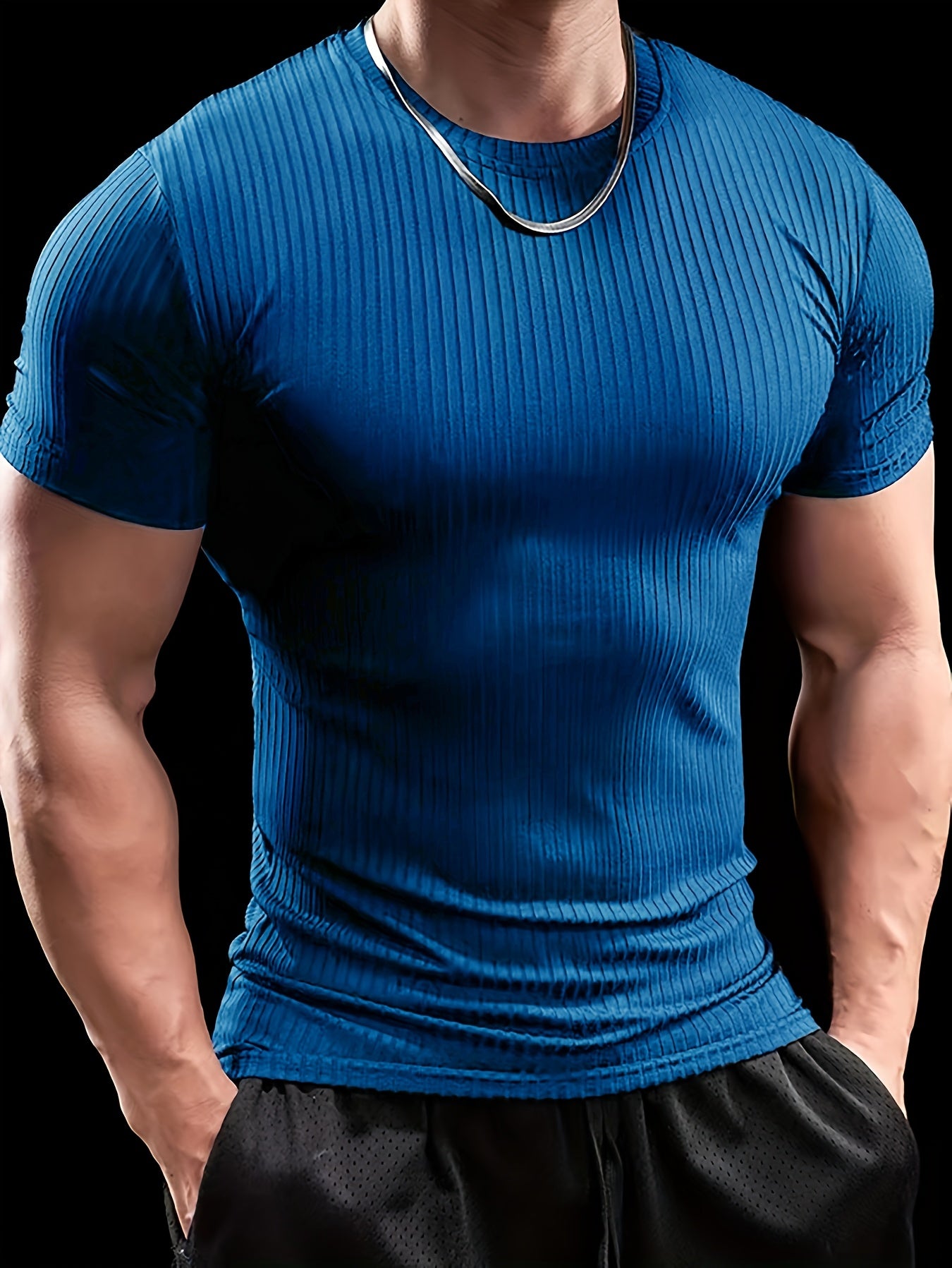 Men's Stretch Fit Short Sleeve T-Shirt - Breathable, Comfortable Polyester Blend, Solid Blue, Crew Neck, Casual Sporty Style for Spring/Summer