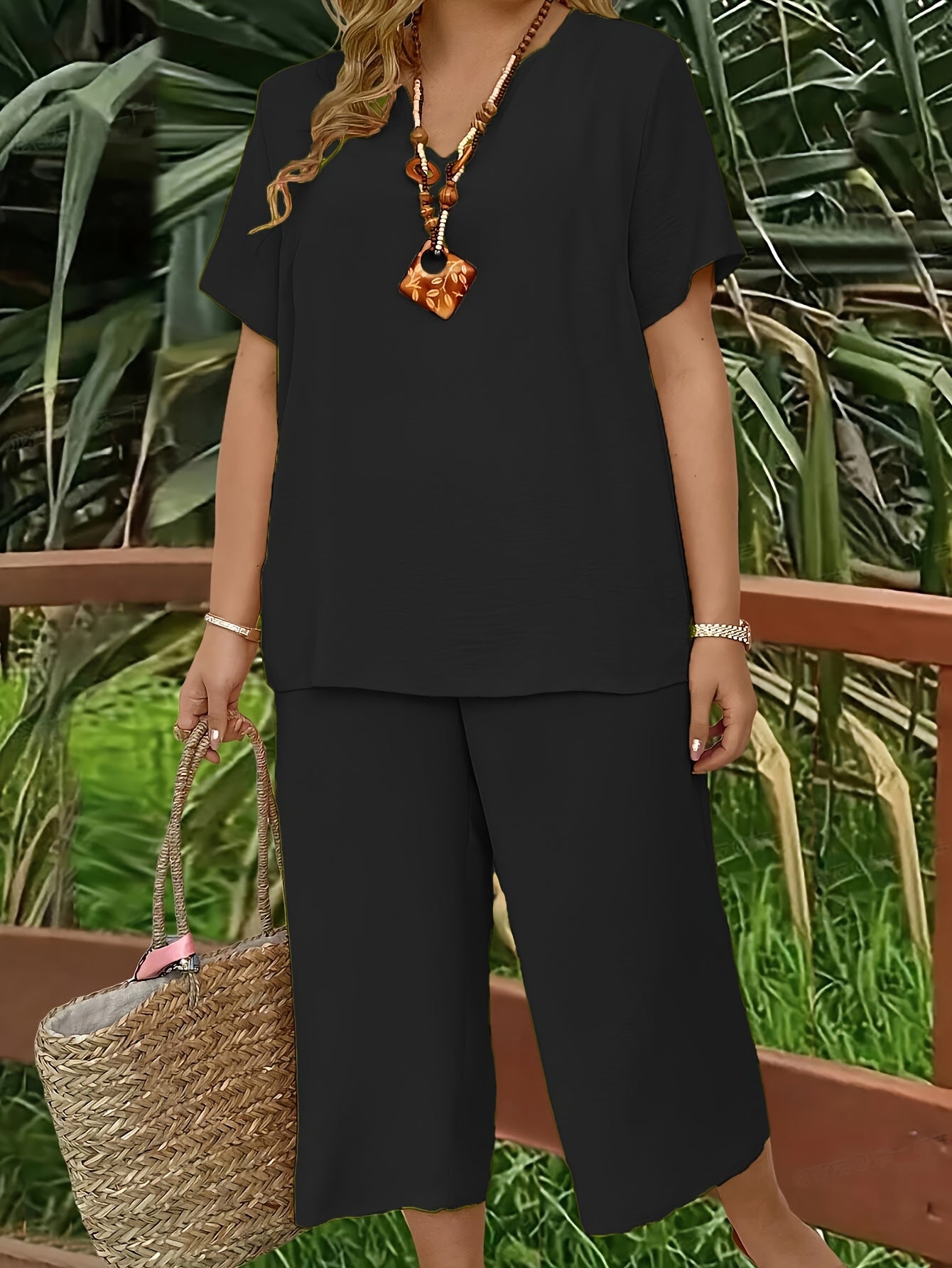 Women's Plus Size Suit, Elegant Solid Color Short Sleeve Top and Wide Leg Pants