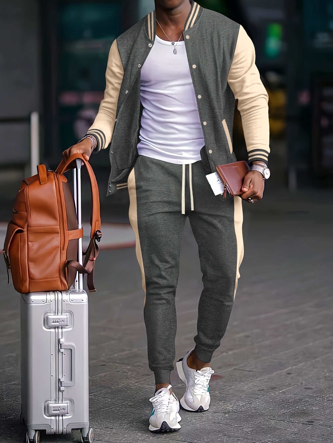 Men'S Casual Baseball Collar Jacket and Pants Set, Color Block Long Sleeve Sweatshirt and Sweatpants, Polyester Woven Suit with Button Detail, Spring/Fall Collection