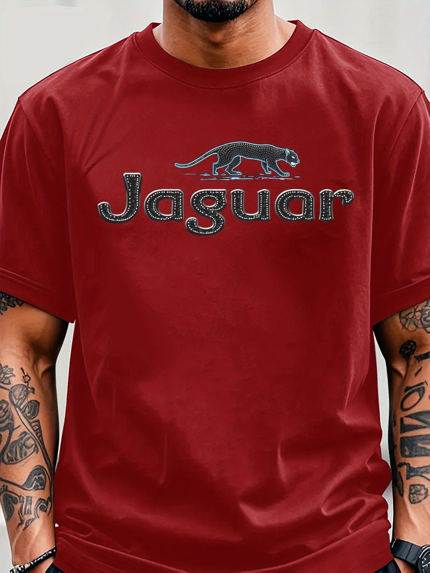 Men'S Jaguar Print Y2K Style T-Shirt - Red, Breathable Comfortable Short Sleeve Crew Neck Tee for Casual Wear, Outdoor Activities, and Everyday Comfort, Everyday Clothing Y2K Fashion Tee Comfortable Fit