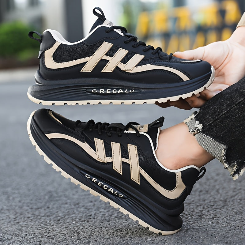 1 Pair of Men's Casual Sneakers, Comfortable Slip-Resistant, Black Beige Low-Top Shoes for Casual Attire, Trendy Street Style with Fabric Lining and Durable PVC Sole