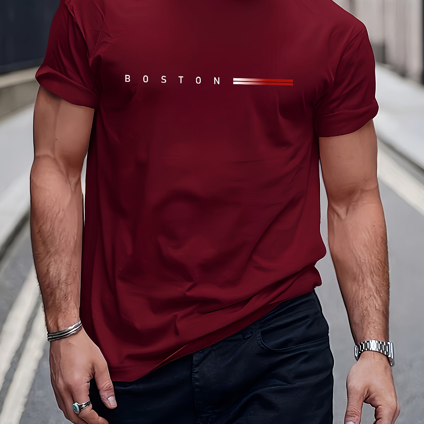 Men's Heavyweight 180gsm Cotton T-Shirt - Dark Gray Crew Neck Tee with Bold "Boston" Print, All-Season Everyday Formal Shirt for Men - Machine Washable Luxury Casual Top, Versatile Clothing, Modern Design, Premium Fabric, S