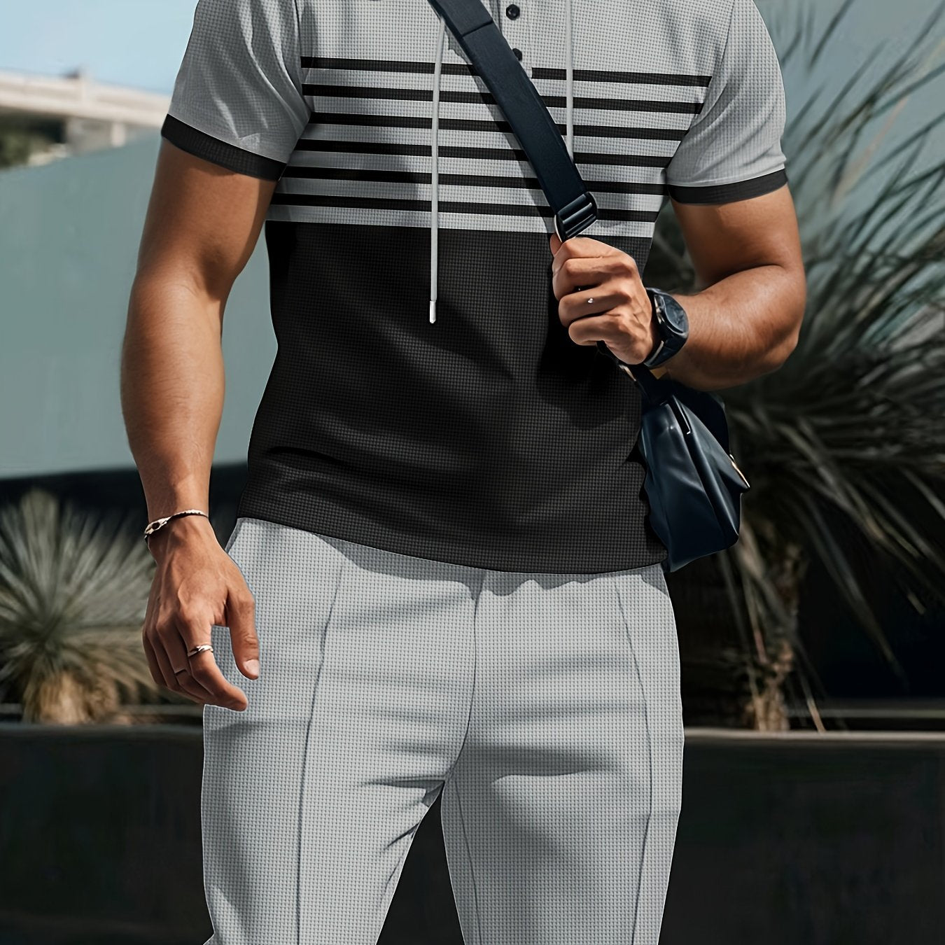 Men'S Summer Casual Sportswear Set, Striped Patchwork Short Sleeve, Polyester Material, Suitable for Leisure and Sports Outings, Fashionable and Trendy, with Drawstring Belt and Pockets, Ideal for Summer Activities, Hooded Sh