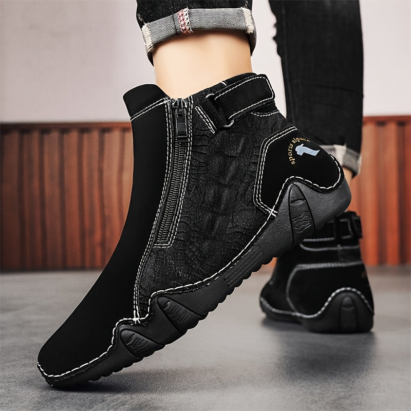 Men'S High-top Casual Shoes With Anti-slip, Comfortable, Outdoor, Fashionable, Plus Size, Business, Hand-stitched, Zipper, Cro, Lace-up.