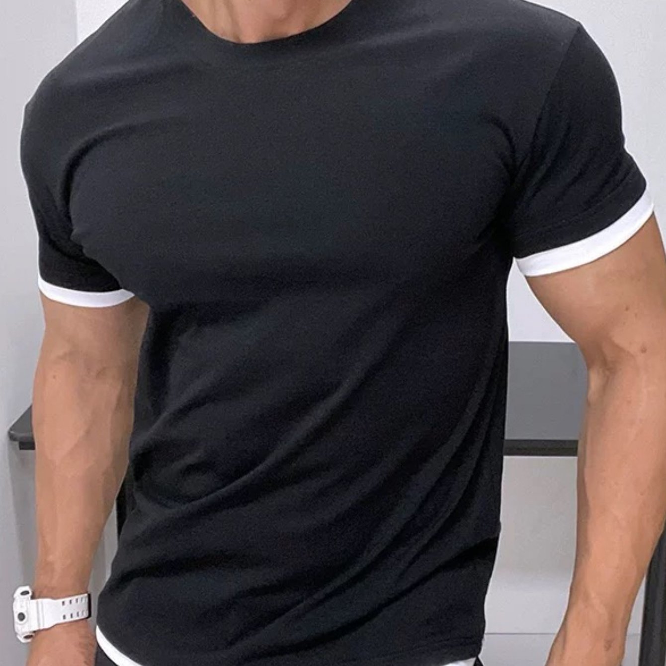 Men's Classic Summer Casual Short Sleeve T-Shirt - Black with White Trim, Round Neck, Stretch Fabric, Comfortable Stylish for Casual Attire, Twiceiquest Fashion Faux Twopiece Smooth Texture