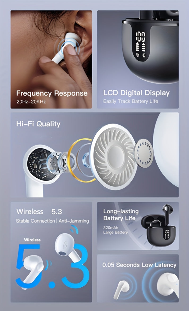 High-Fidelity Sound Quality with Deep Noise Cancellation, Seamless Connectivity, Volume Control, Open-Back Design, Compatible with Tablets - Wireless Sports Earbuds with LED Digital Display, Long Battery Life, Touch Operation