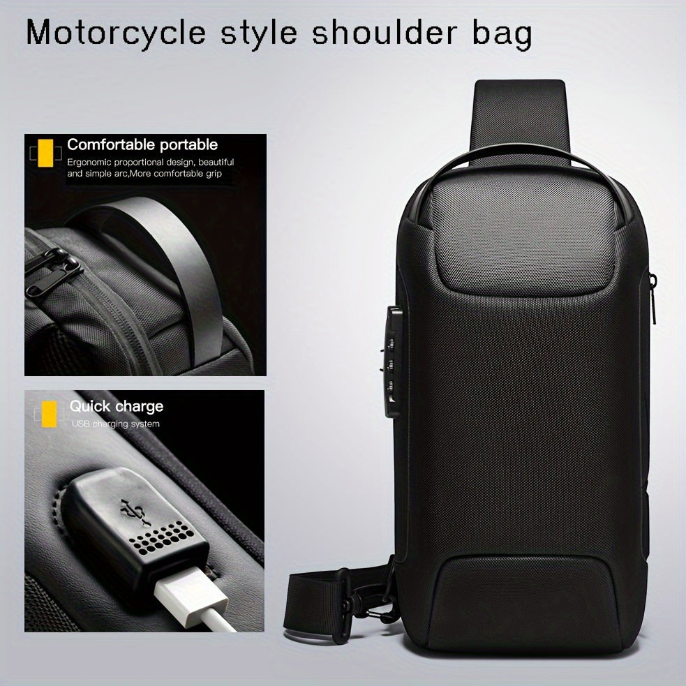 Oxford Fabric Waist Bag with USB Charging Combination Lock - Sleek Black Crossbody for Men Women, Ideal for Outdoor Activities Motorcycle Riding, Perfect Valentine's or Father's Gift, Motorcycle Bag