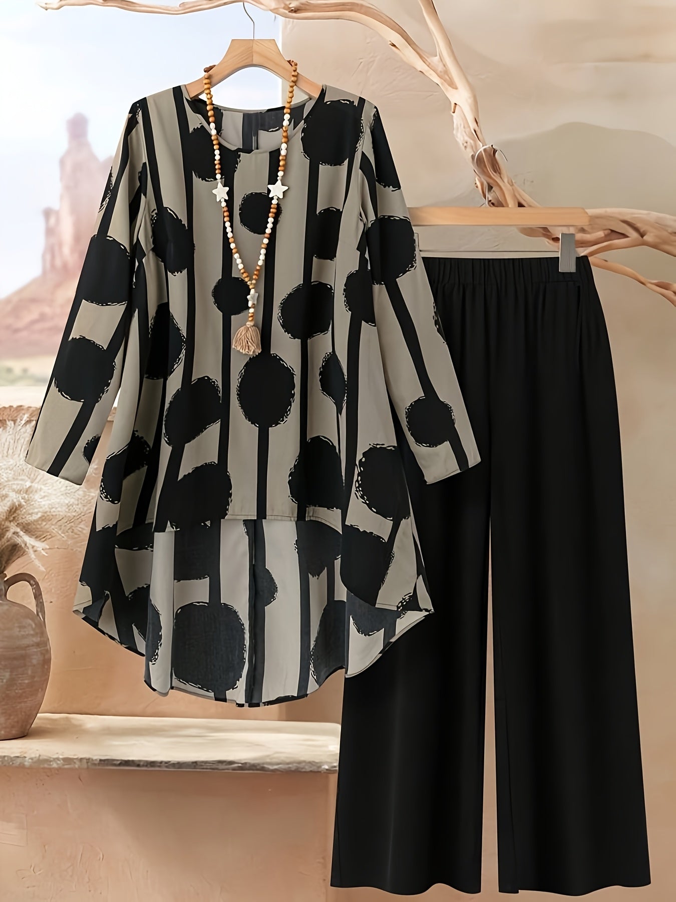 Women's Two-Piece Set with Geometric Pattern Round Neck Long Sleeve, Loose Hem Front Short Back Top and Pants, Casual Style, Summer/Autumn Wear, Mid-Length Tops, Solid Color Trousers, Long Sleeve Outfit