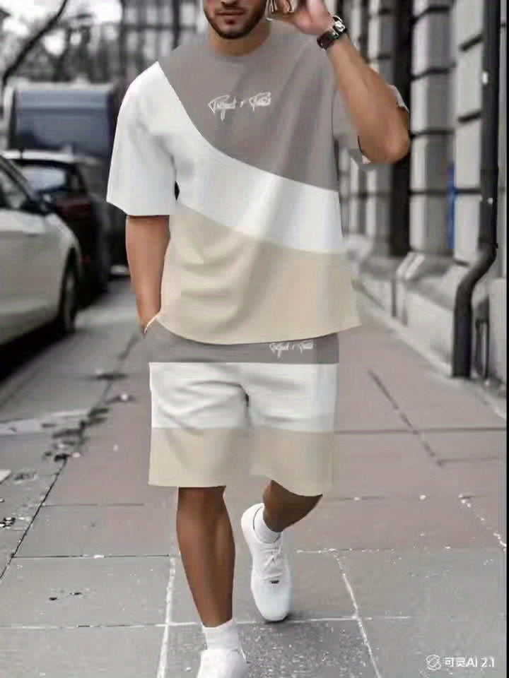 Summer New Round Neck Short Sleeve T-Shirt Set, 3-Color Patchwork Pattern, Front Chest Fashion Letter, Casual Style, Simple Matching Outfit Suitable for Date Night