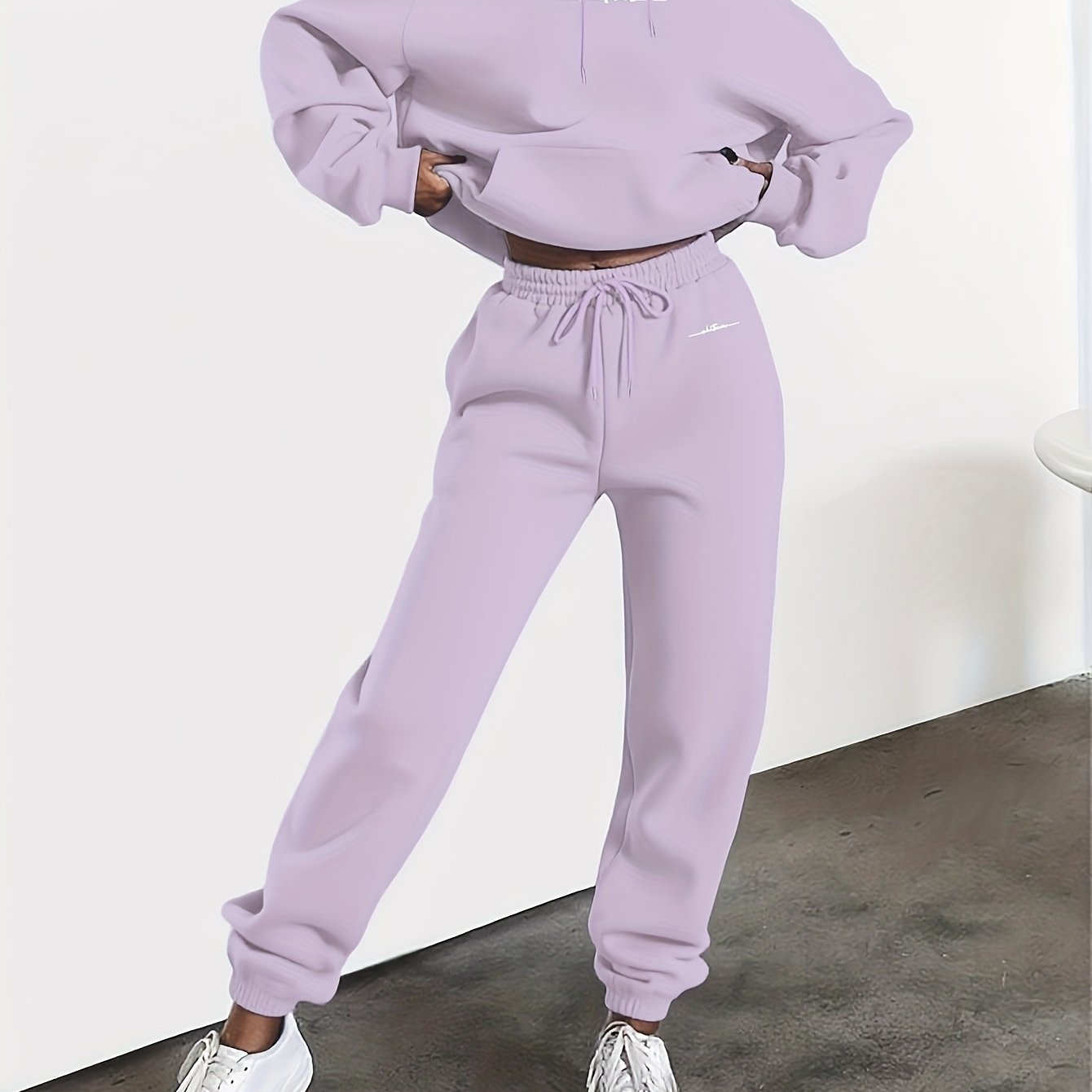 New Arrival Gray Print Women's Hooded Drawstring Sweatshirt and Pants Set, Autumn/Winter Warm Long-Sleeve Pullover with Hat, Machine-Washable Polyester, Versatile Outfit