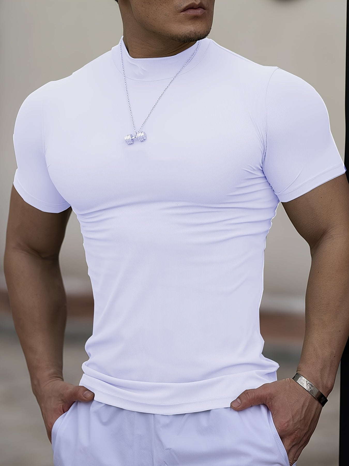 Men'S White Short Sleeve T-Shirt - Stretchy, Moisture-Wicking, Round Neck, Casual Fitness Wear for Summer, Sporty Style, Sportswear Tee Sporty Neckline Stretchy Fabric