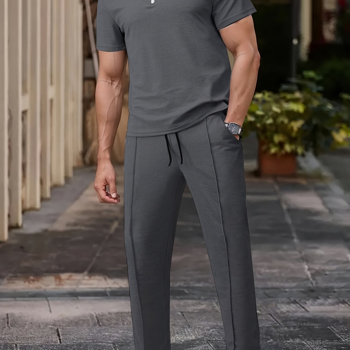 Men'S Summer Solid Color Trendy Casual Suit Collared Short Sleeve Long Pants Suit, Perfect for Outdoor