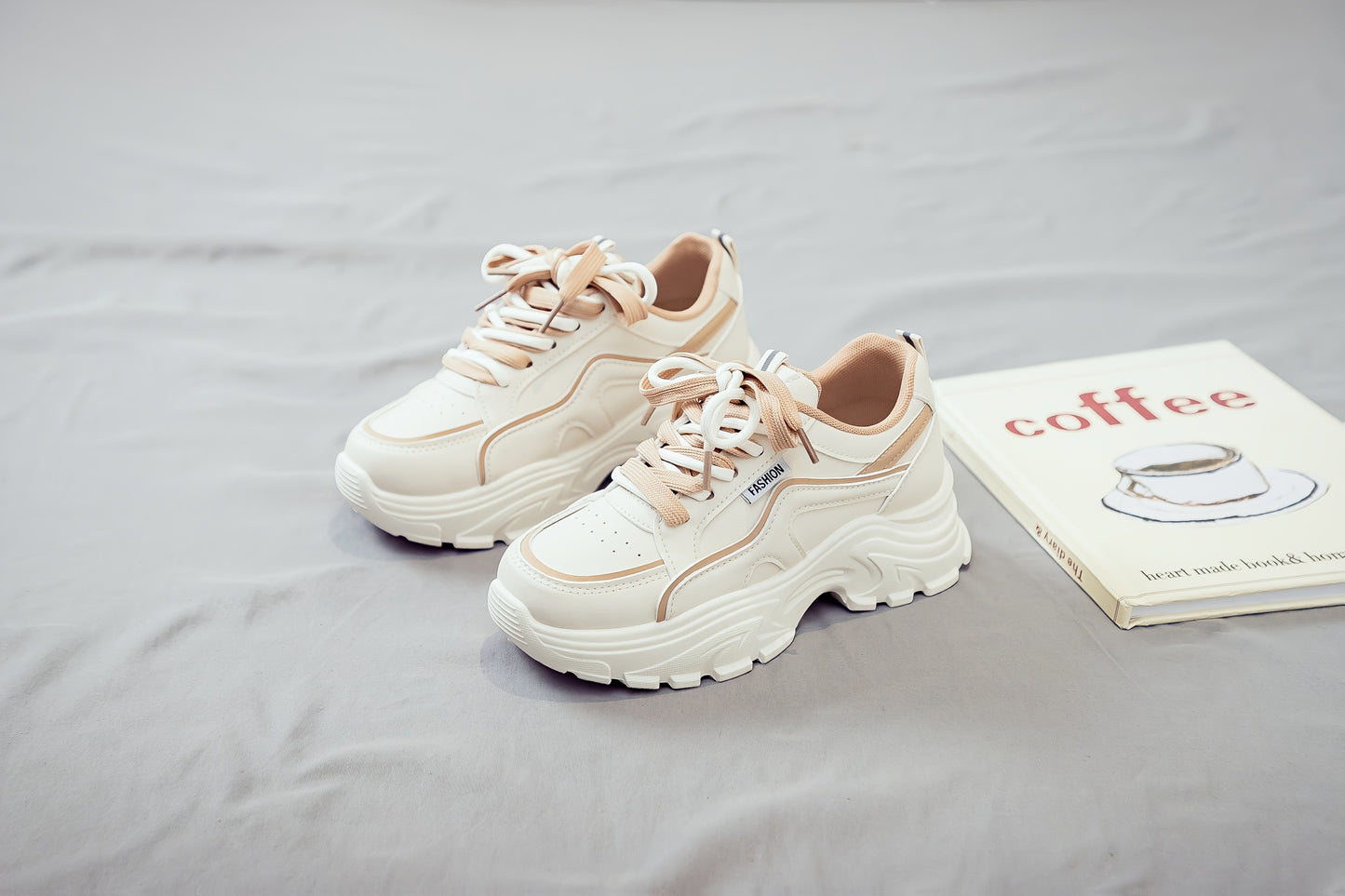 Women's Trendy Chunky Sneakers - Breathable Lace-Up Dad Shoes with Thick PVC Sole, White Beige Two-Tone Design, Versatile Low-Top Style for Casual Attire