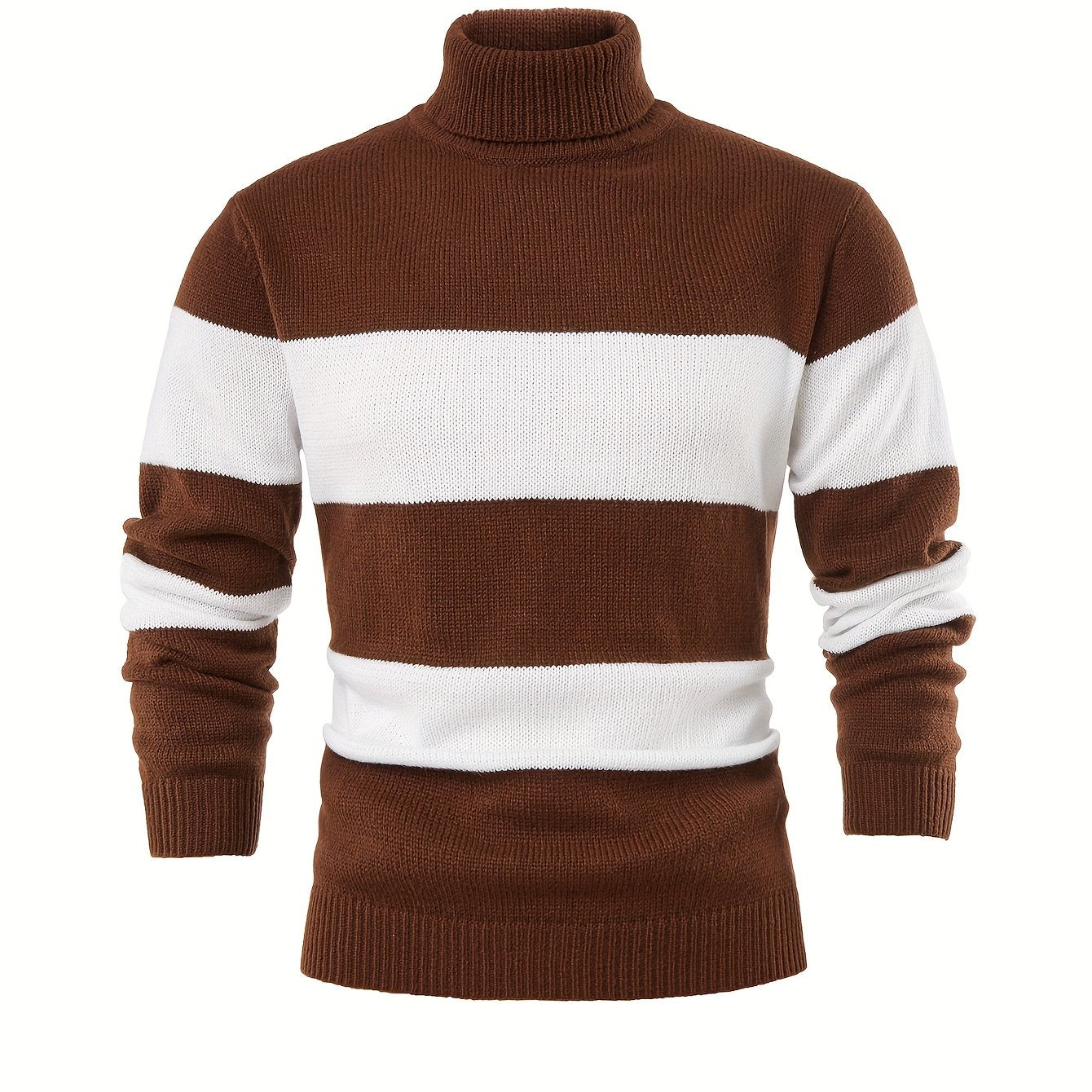 Men'S High-Neck Striped Knit Sweater, Stylish Color-Blocked Pullover for Spring And Autumn - ayq