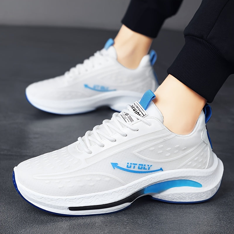 Men'S High-Top Lace-Up Athletic Sneakers - Breathable Fabric, PVC Sole, EVA Insole, Stylish Blue White Design for Casual and Outdoor Activities, Everyday Sneakers Sporty Casual Shoes Durable PVC Sole