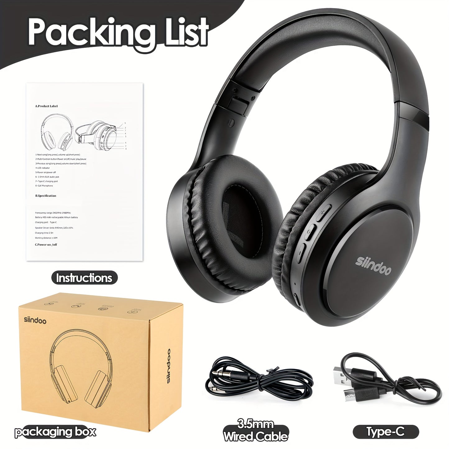 Siindoo JH919 Wireless Headset - 3EQ Sound Modes, High-Fidelity Stereo with Deep Bass - Lightweight, Foldable Design for Travel, Office Use, and Mobile Connectivity