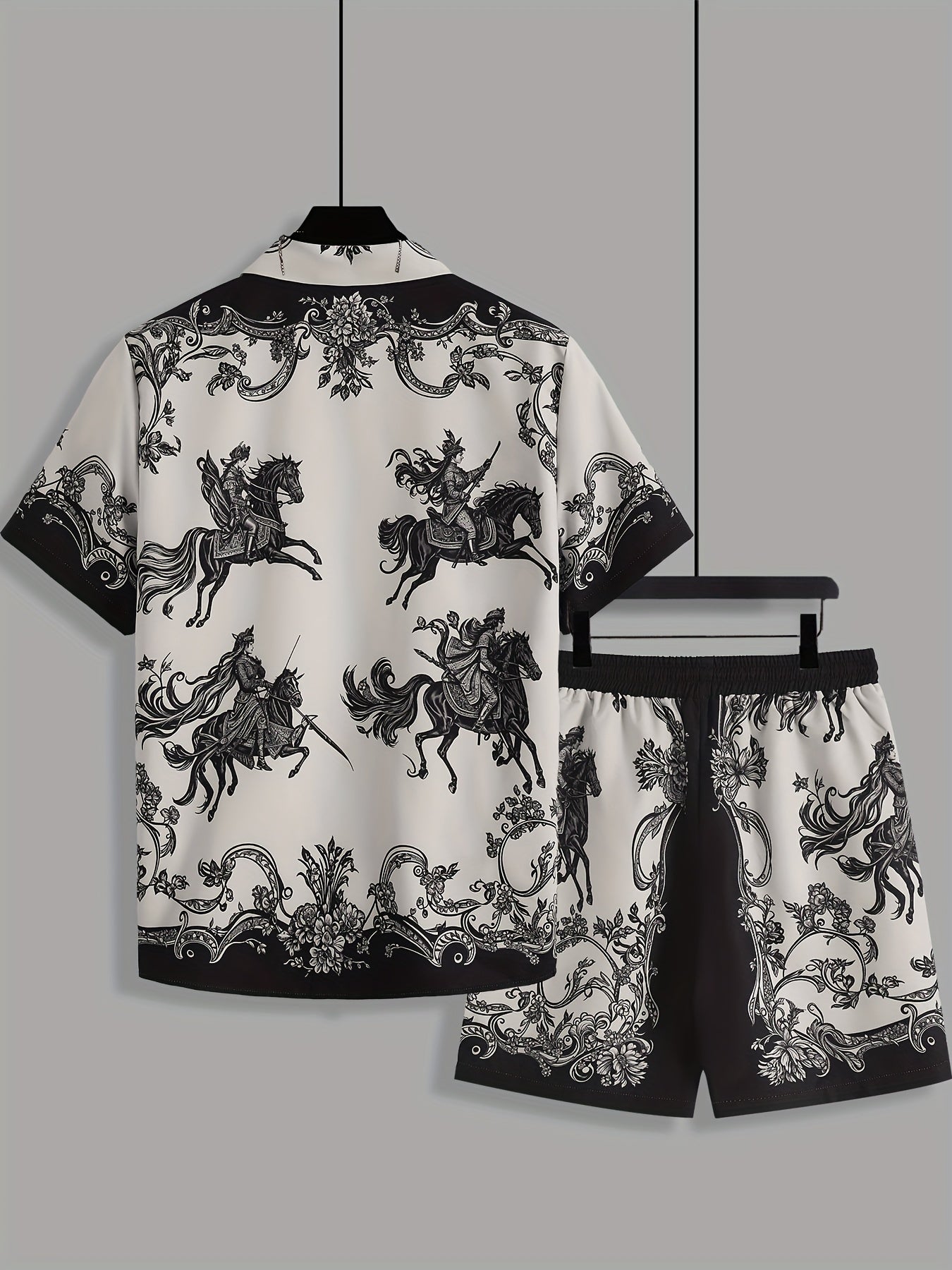 Men's Summer Suit Set: Short Sleeve Knight Print Positioning Burned Shirt with Open Collar, Drawstring Casual Shorts Pajama Two-Piece Set