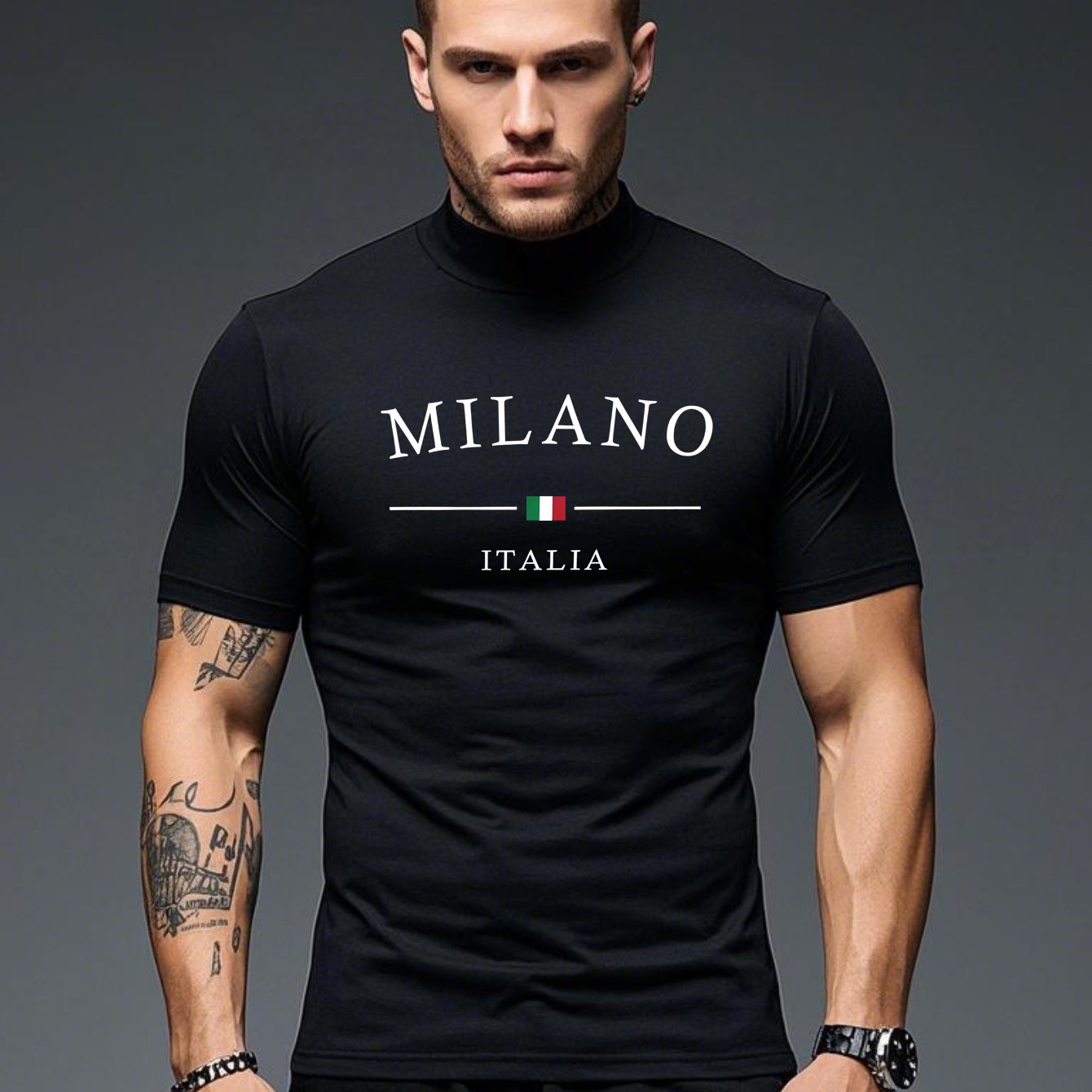Men'S Milano Italia Print Casual T-Shirt - Half Neck, Short Sleeve, Lightweight Fabric, Spring/Summer Collection, Black with White Logo, Soft Comfortable Fit for Casual Attir
