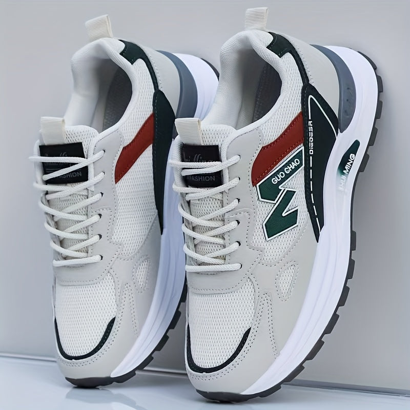 Men's Breathable Mesh Running Sneakers - Durable, Anti-Slip, Odor-Resistant Casual Shoes with Rubber Sole for Spring Fall, Low-Top Lace-Up Design in White, Black Green