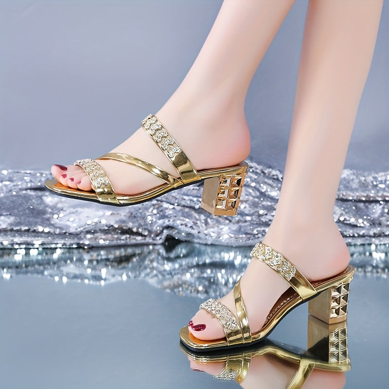 Elegant Women'S Summer Sandals - Sexy Open Toe with Glittering Square Toe, High Heel, and Rubber Sole for Outdoor Wear, Summer Footwear Chic Sandals Glossy Finish, Strappy Sandals