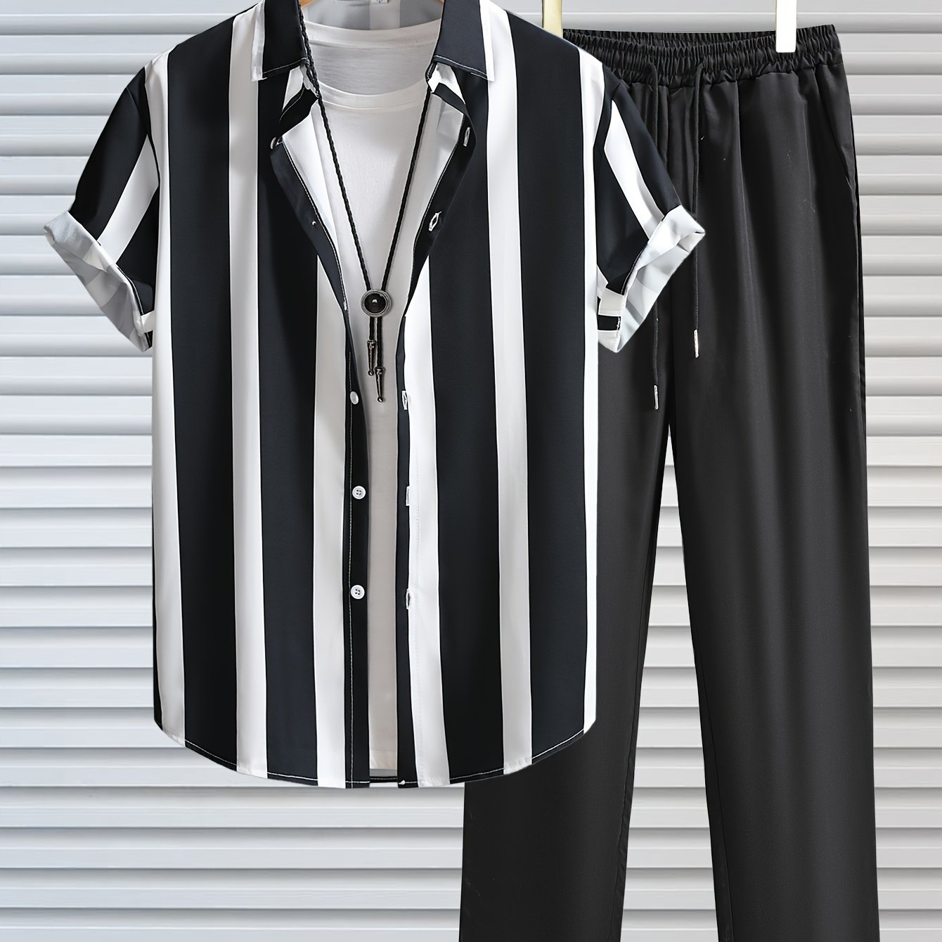 Men's Outfit, Casual Striped Lapel Short Sleeve Button Up Shirt & Drawstring Pants 2-piece Set For Outdoor Activities