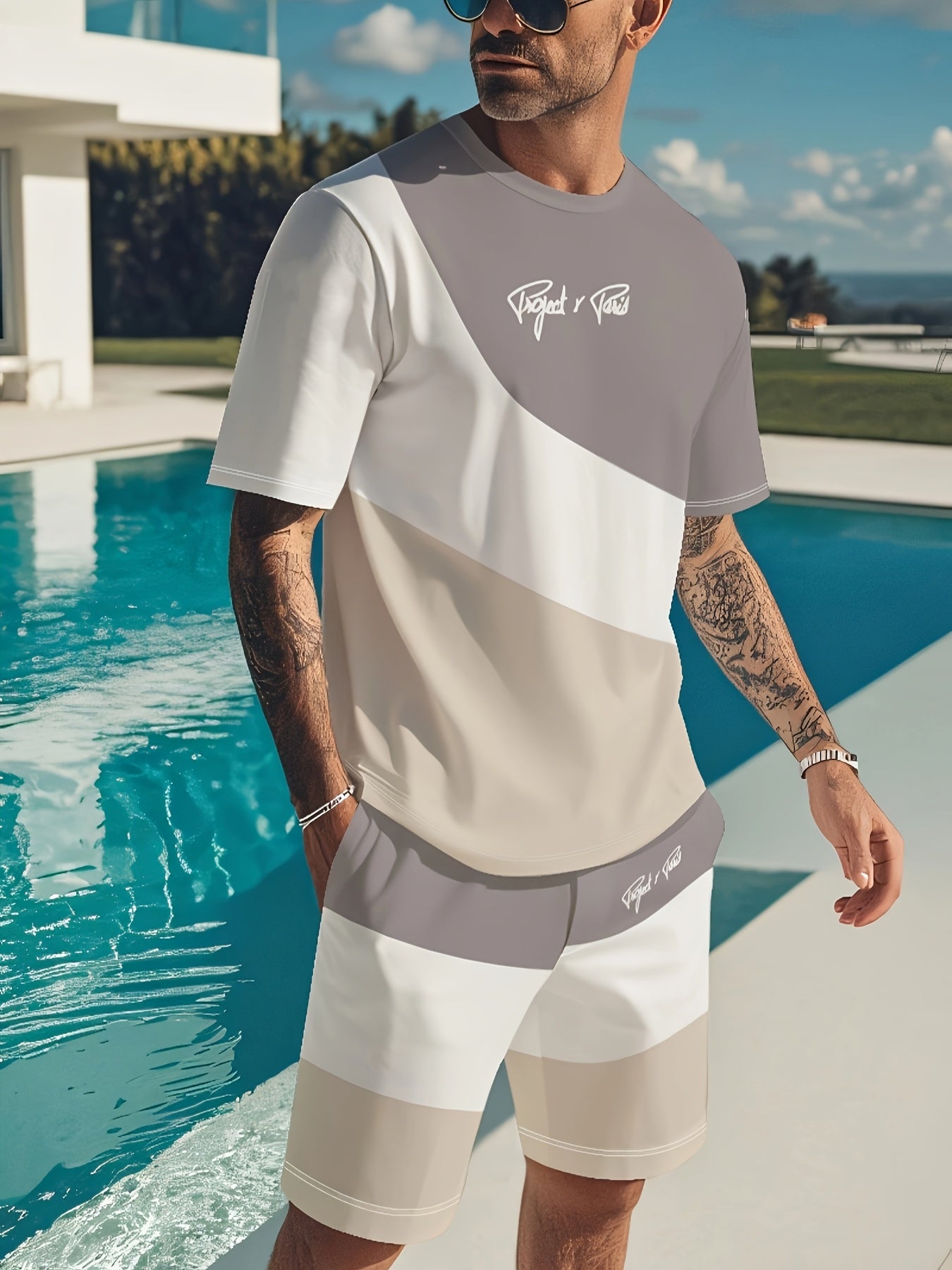 Summer New Round Neck Short Sleeve T-Shirt Set, 3-Color Patchwork Pattern, Front Chest Fashion Letter, Casual Style, Simple Matching Outfit Suitable for Date Night