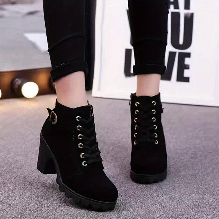 Women's Chunky platform heel Boots - Lace-up closure, Faux Cover Round-toe boots with, Thick Platform Sole for Dresses, Jeans, Party Outfits - All-Season Everyday Formal Shoes, Stylish Outfit Additions, Side Zipper Detail,