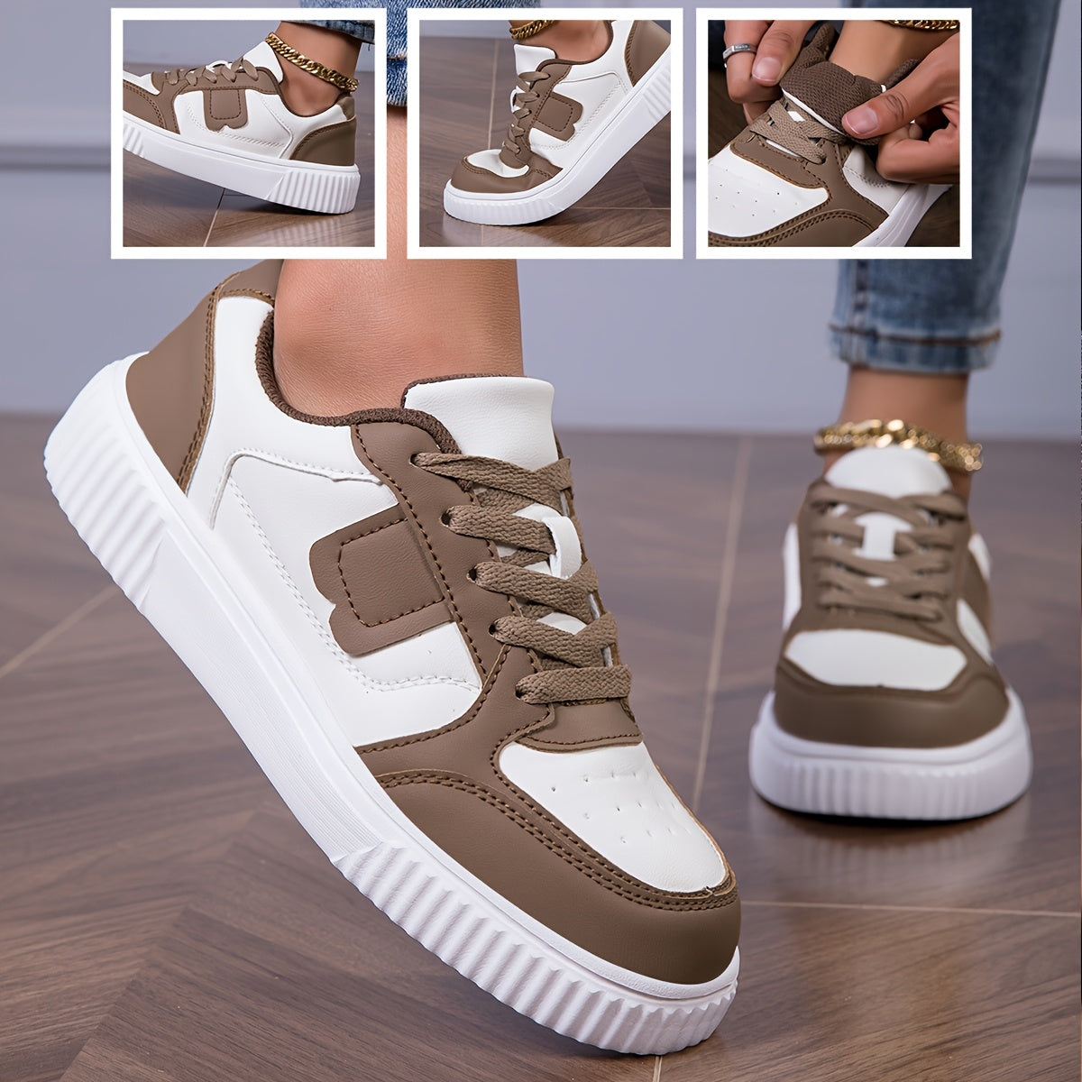 Women's Plus Size Lightweight Casual Sneakers - Thick Sole Slip-Resistant EVA Sole, Breathable Mesh Lining, Round Toe Lace-Up Design, All-Season Comfort, Two-Tone Color Options (White/Brown)