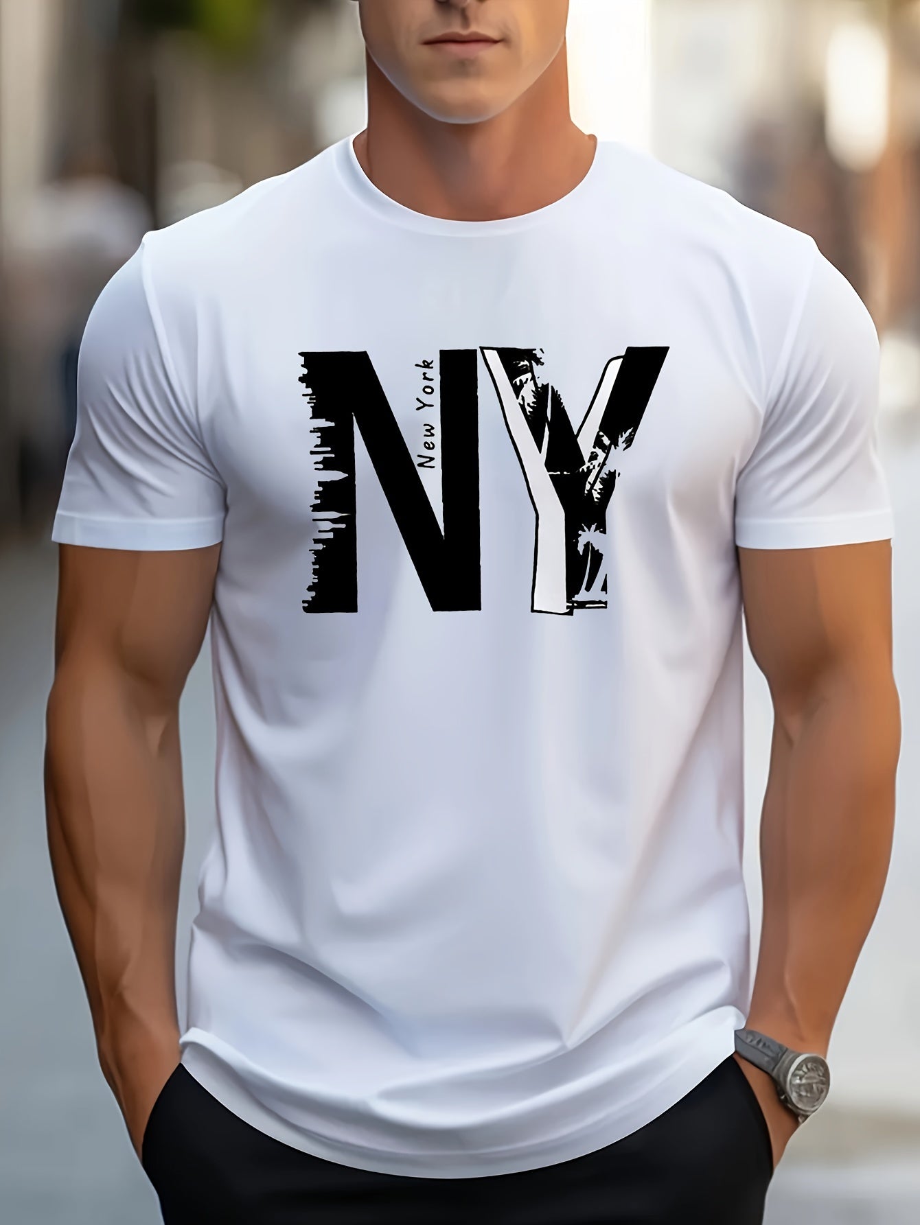 1pc Men'S Casual Cotton Blend T-Shirt with Letter Print, Round Neck, Regular Fit for Summer - Black, Navy, Red